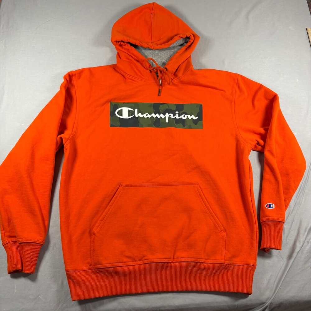Champion Mens Orange Camo Box Logo Hoodie Pullover Sweatshirt Size Large